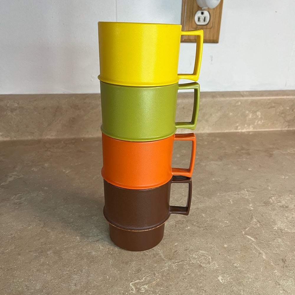Vintage Tupperware stackable cup Yellow, Green, Orange, Brown